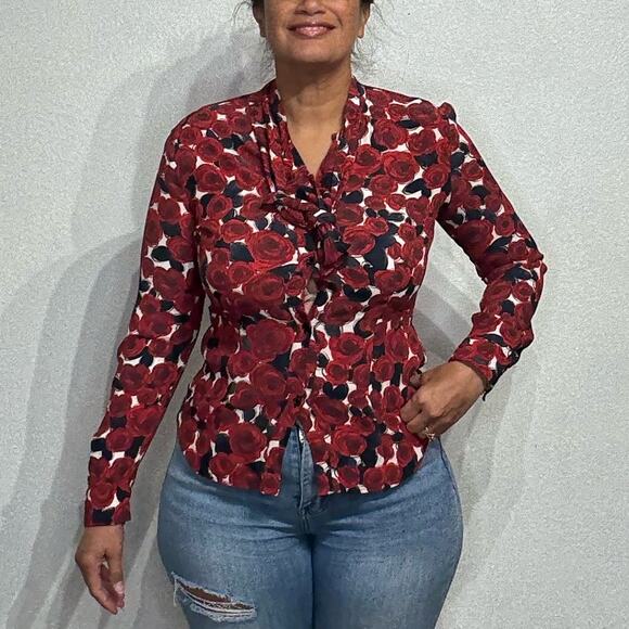 Love Moschino Tops - Love Moschino Red Floral Neck Tie Bow Blouse Sz 8